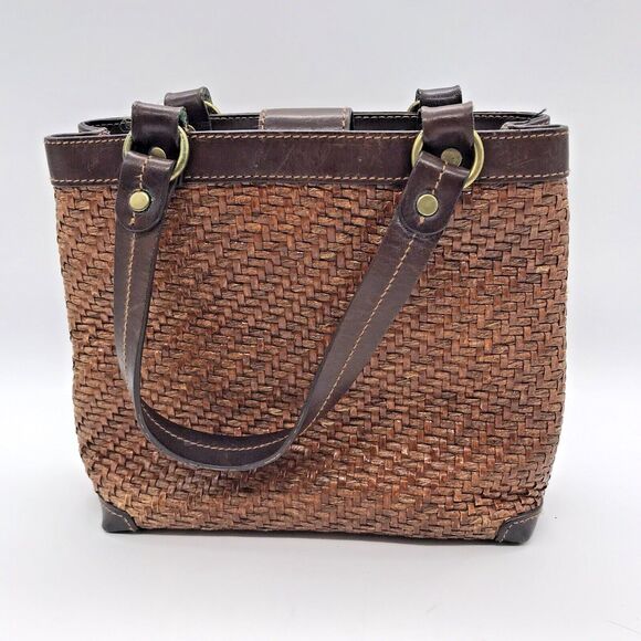Vintage Fossil Brown Wicker Weave Double Handle Purse 78082 Inside Zip Pocket - Picture 2 of 15